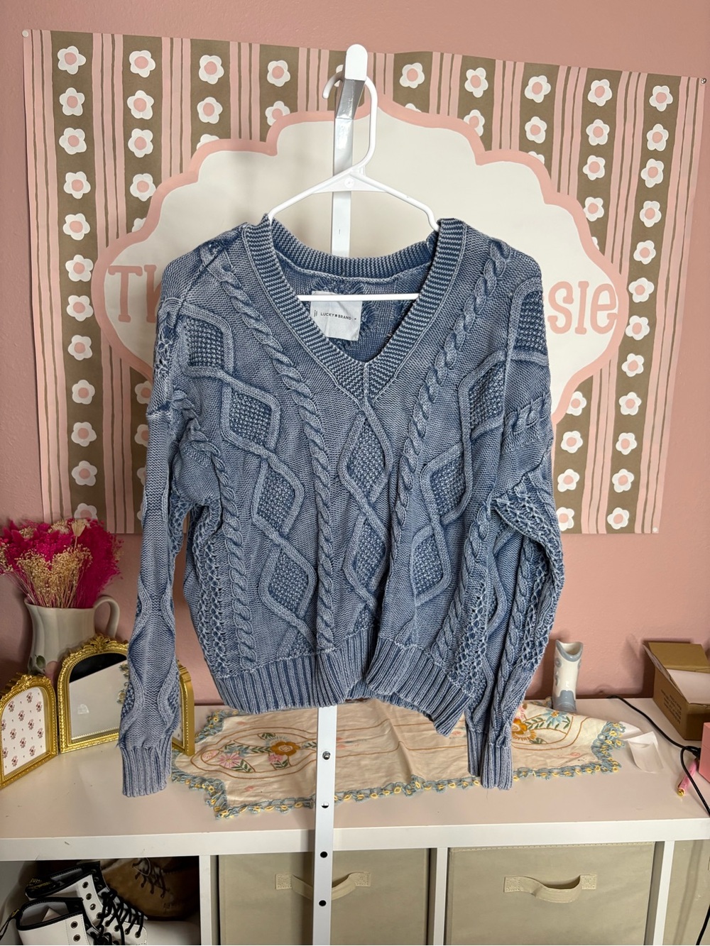 Women's Cable Knit V-Neck Sweater - Dusty Blue lucky brand